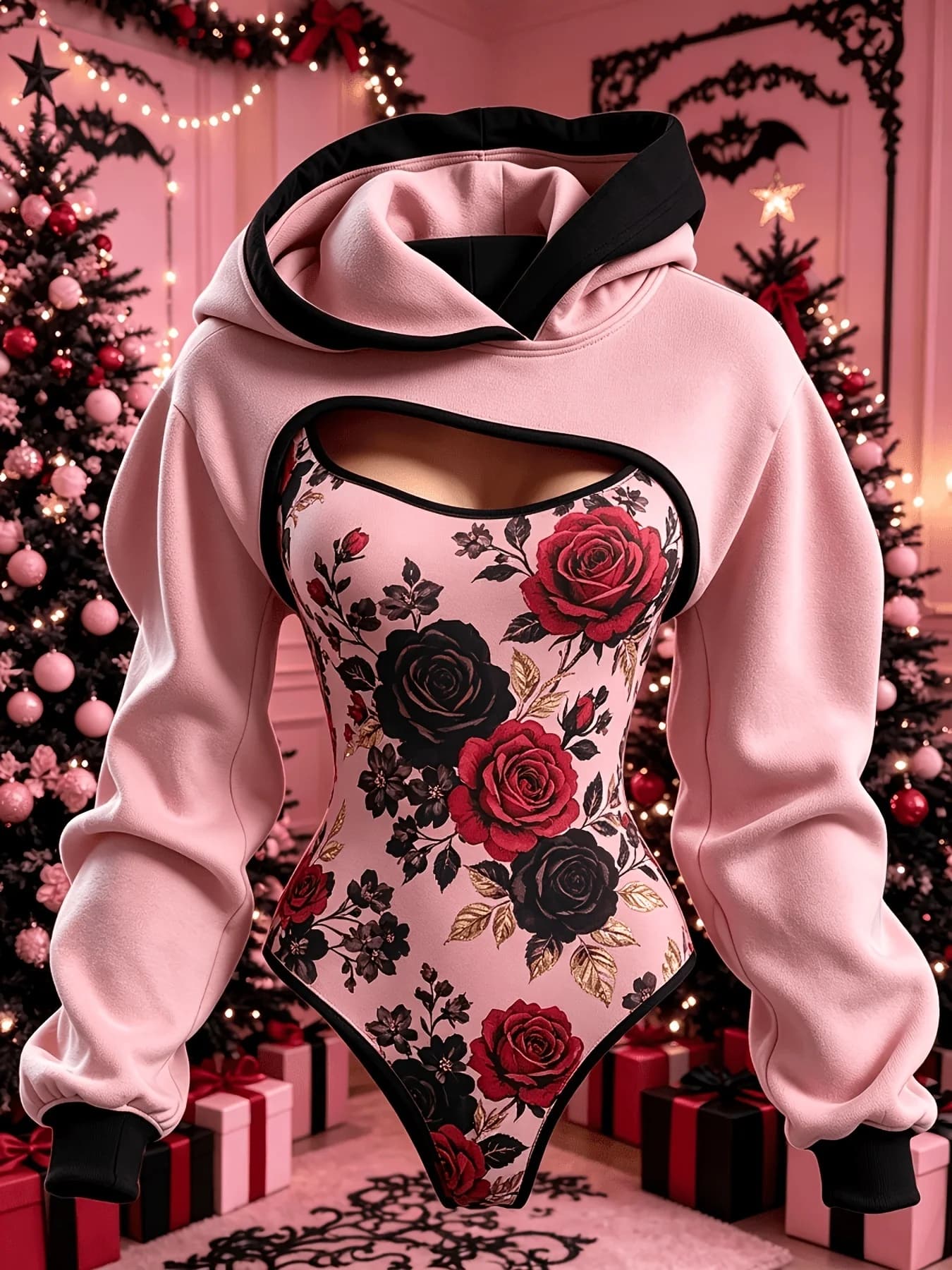 Women Gothic Red Black Rose Print Double Hood Bodysuit Hollow Out Long Sleeve Hoodie Winter Costume