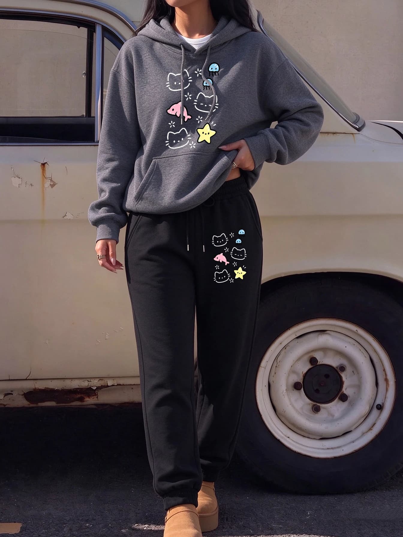 Kawaii Cat Ocean Printing Basics Casual Hoodie Women Street Autumn Pullovers All-Match Long Pants