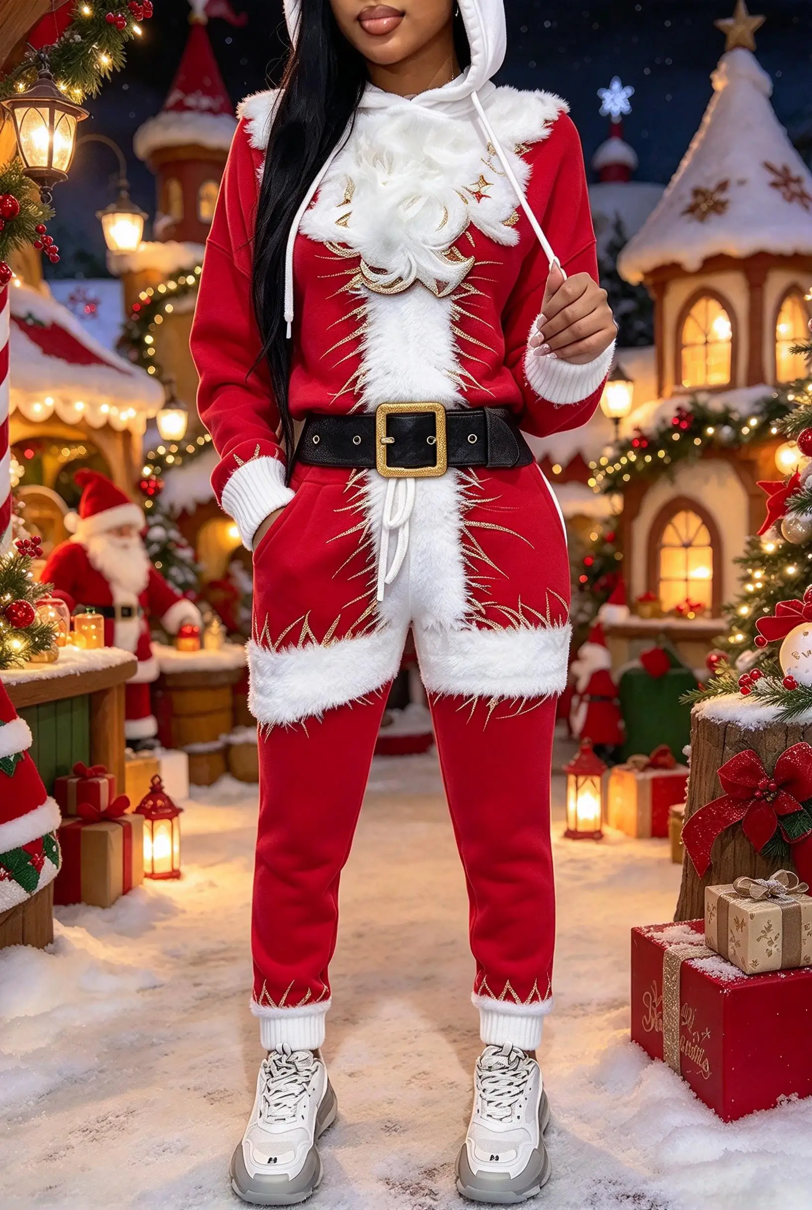 Women Christmas Faux Fur Graphic 2Pcs Tracksuit, Hoodie + Jogger Pants, Reindeer Snowman Santa