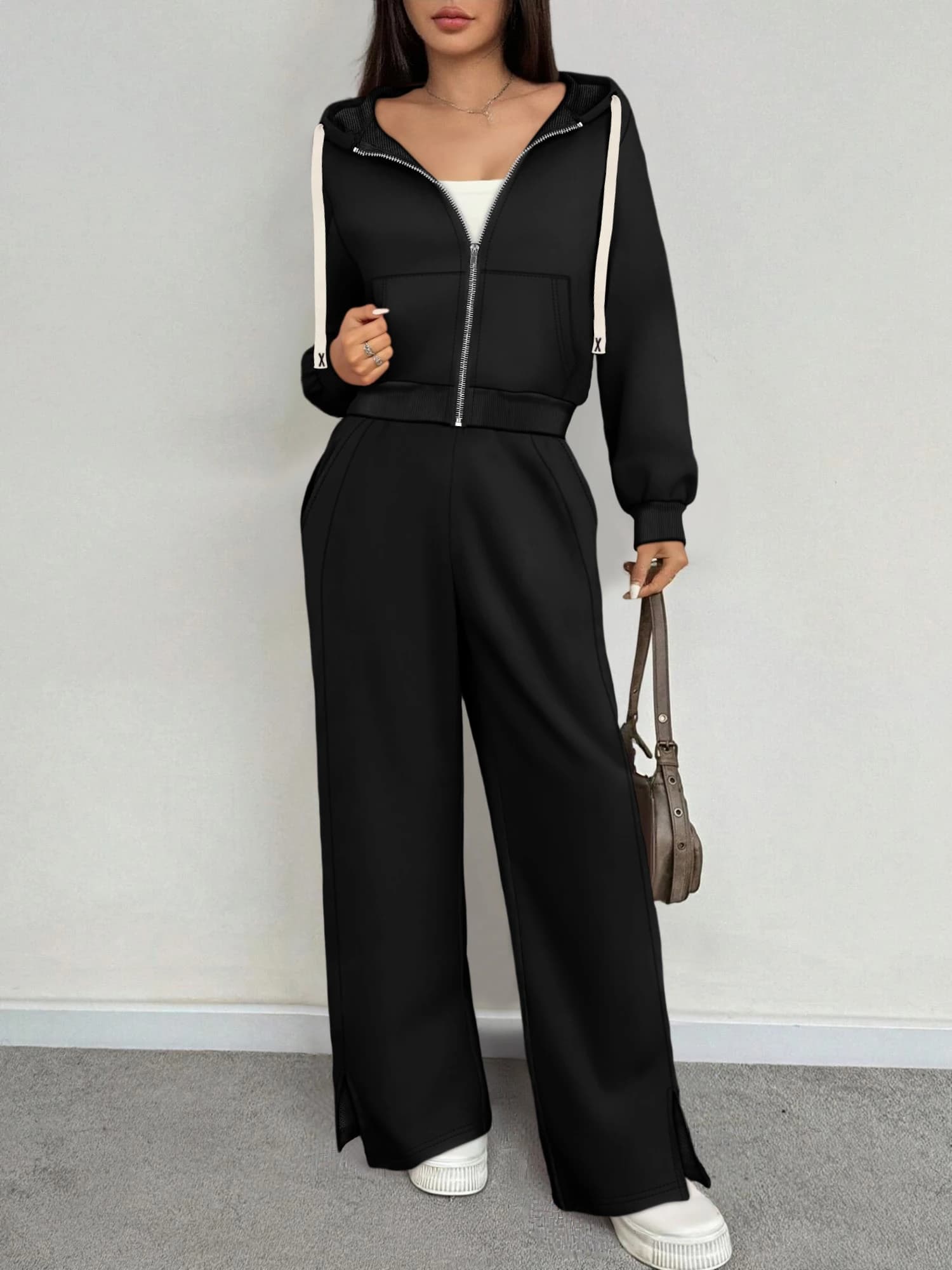 Women 2 Piece Outfit Zip Up Cropped Hoodie Split Wide Leg Pants Set Casual Streetwear Tracksuit