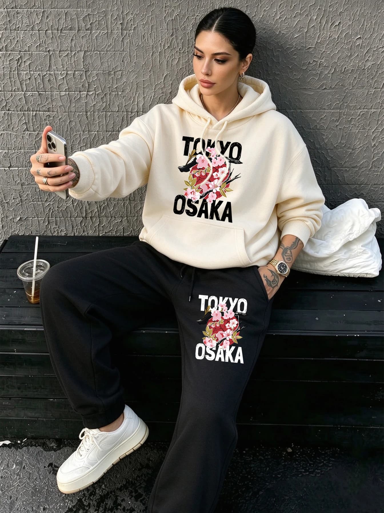 Tokyo Osaka Cherry Blossom Pattern Womens Jogging Long Pants Fleece Casual Hoodie Set Autumn Loose