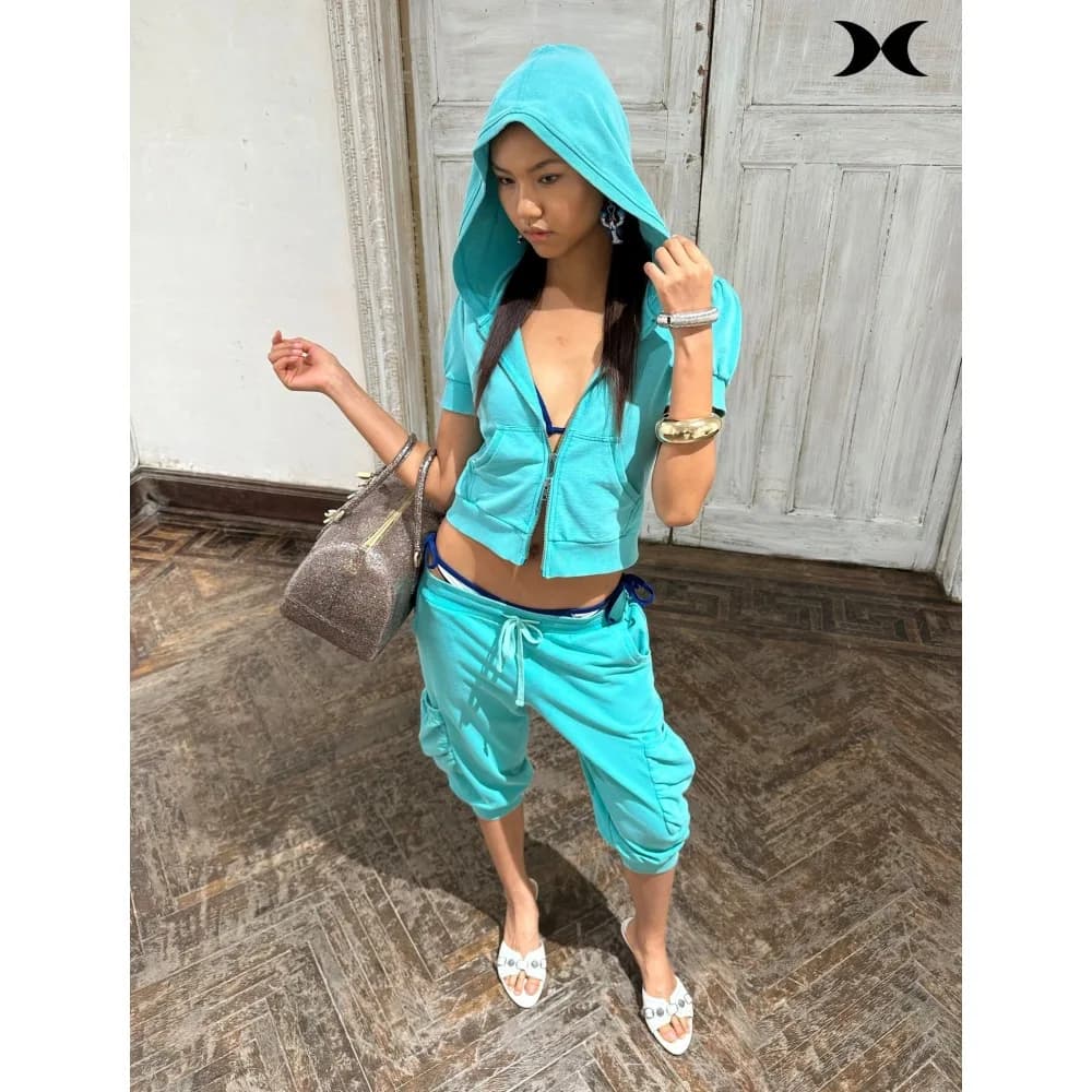 Y2K Women Matching Tracksuit 2Pcs Short Sleeve Zip Hoodie Crop Top Ruched Cargo Capri Pants Vintage