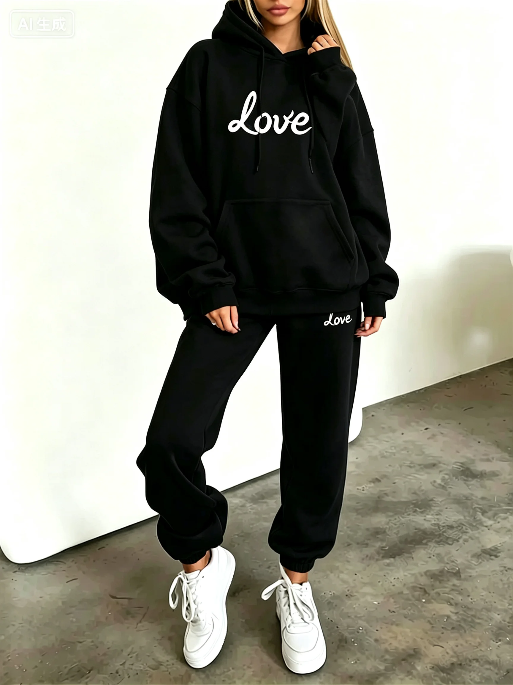 Women Heart Print Hoodie Tracksuit 2 Piece Set Autumn Winter Hooded Sweatshirt Jogger Pants Casual