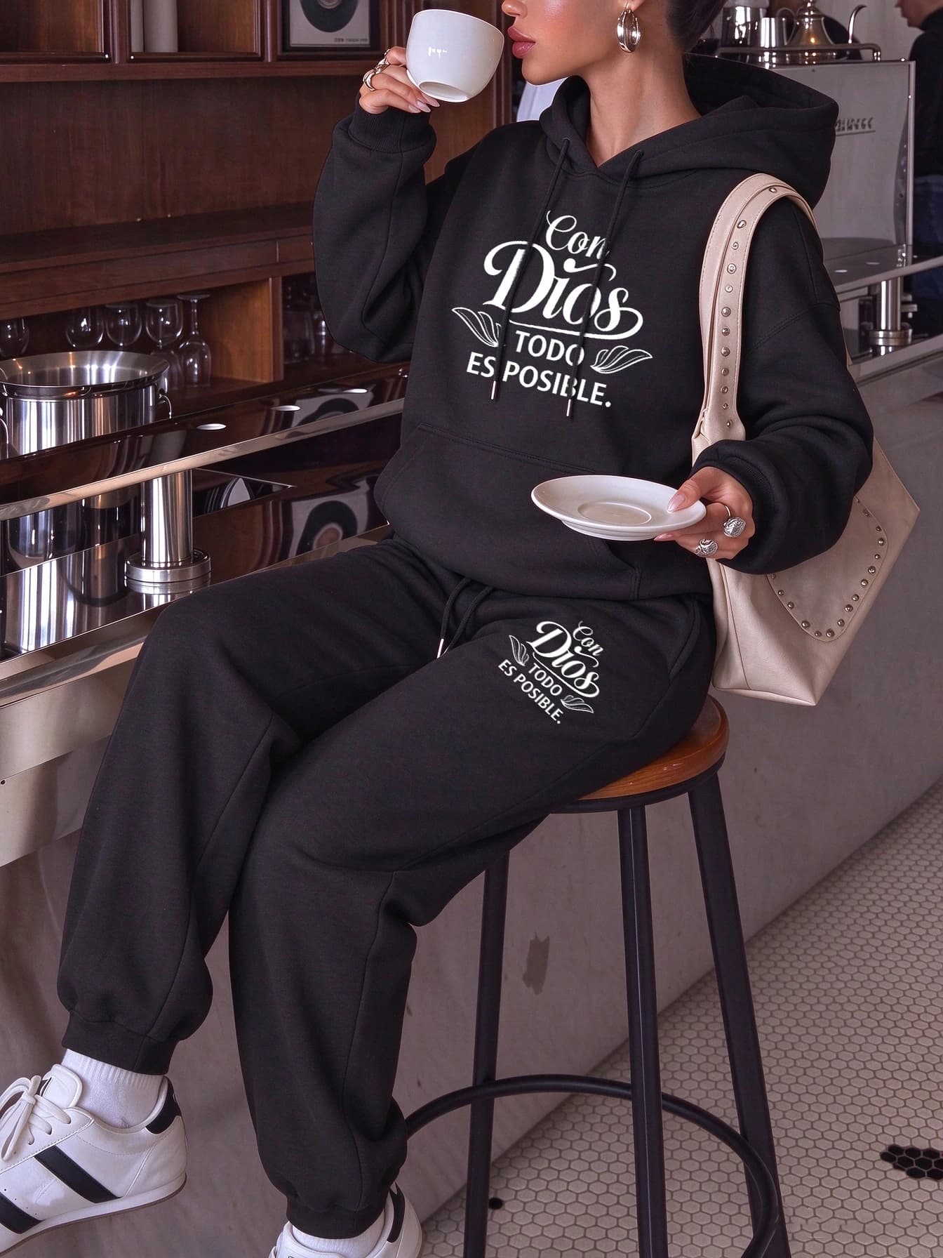 Con Dios Todo Es Posible Design Fleece Clothing Women Sport Pocket Hoodie Set Autumn Casual
