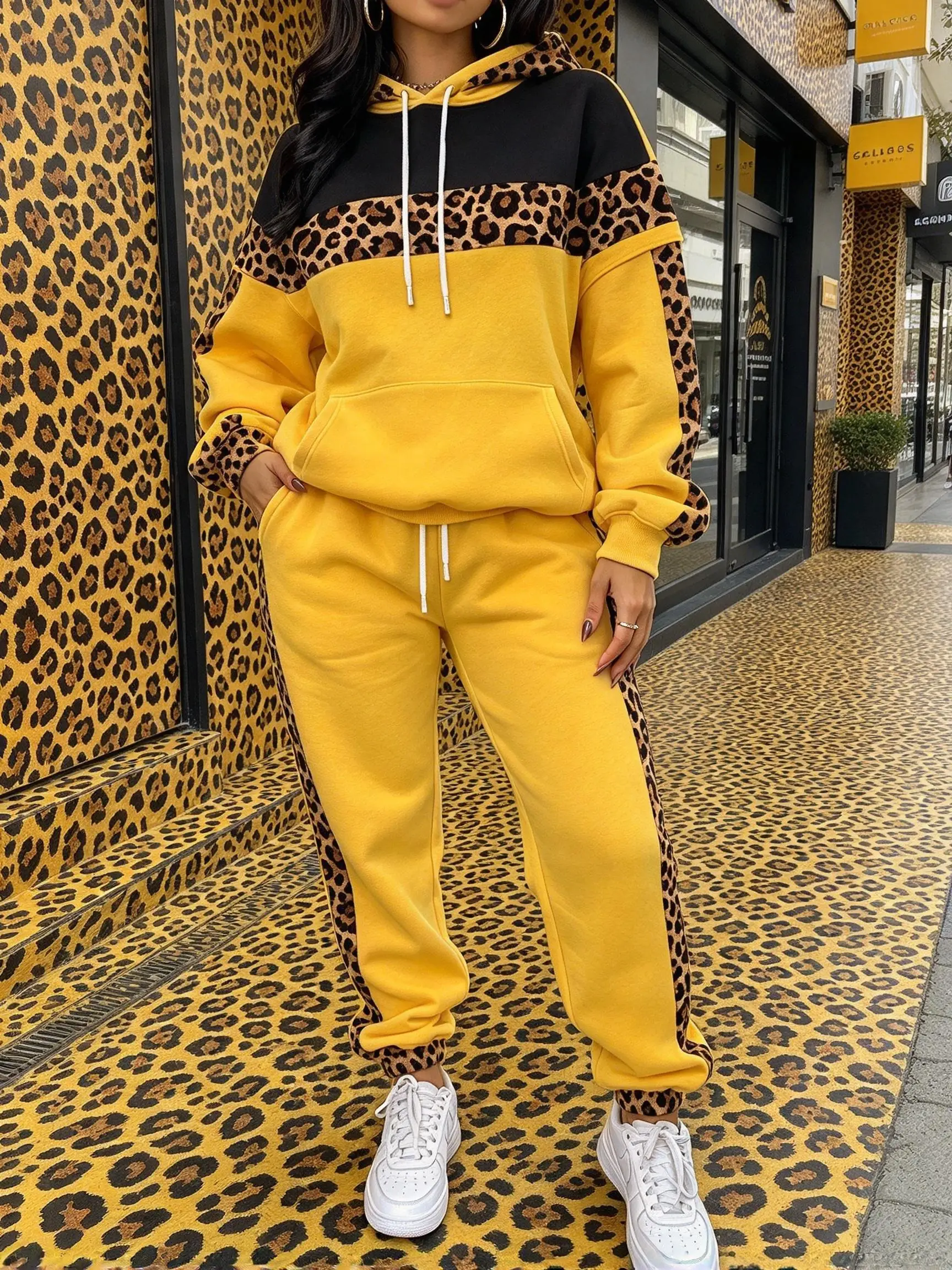 :Women Leopard Patchwork Hooded Tracksuit, Color Block Hoodie & Cuffed Jogger Pants 2 Piece Outfit